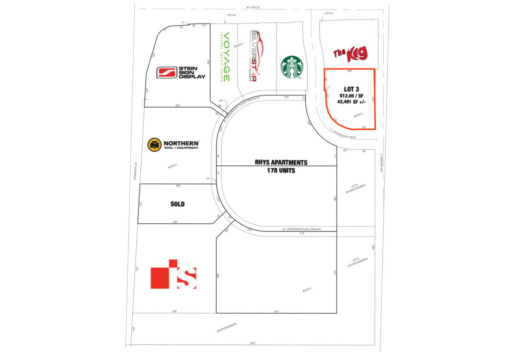 Site survey plan of the Crossroads Development showing Lot 3 at 43,491 SF +/- fronting S Crossroads Drive, with Starbucks, The Keg, Northern Tool, Voyage Credit Union and the Rhys Apartments site