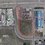 Parcel boundary of the Crossroads Development land for sale wrapping S Crossroads Drive, south of The Keg and Pantry and west of S Edmond Avenue