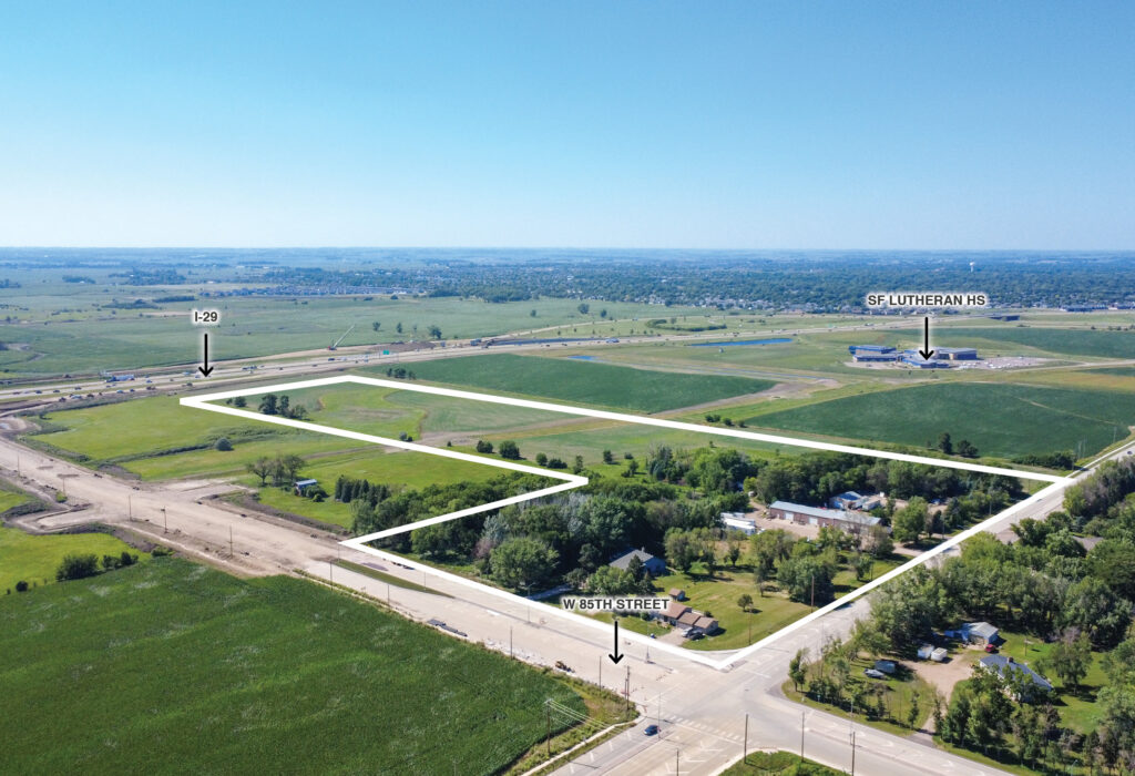 Outlined development land along W 85th Street near I-29 and Sioux Falls Lutheran School