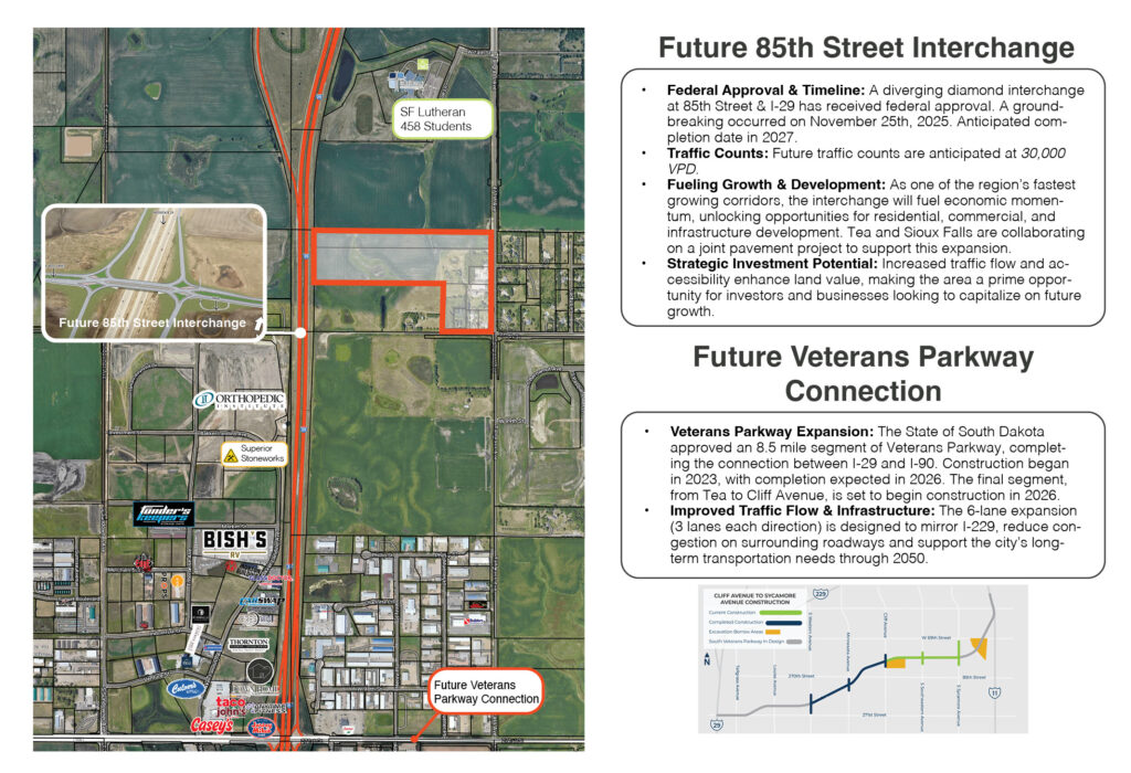 Map showing Exchange at 85th, the I-29 and 85th Street interchange project, and Veterans Parkway connection