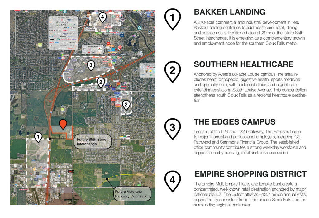 Map of economic drivers near Exchange at 85th including Bakker Landing, Avera, The Edges and Empire Shopping District