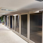 Lower-level office area with modular workstations