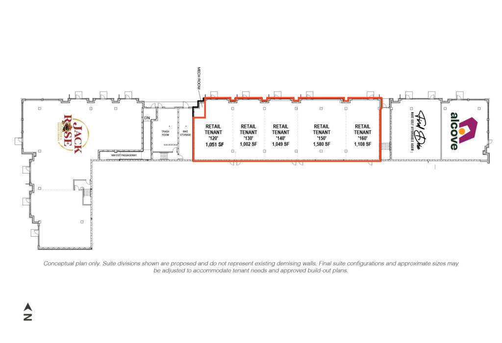 Conceptual floor plan for Steel District retail for lease showing five proposed suites between existing tenants.