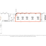 Conceptual floor plan for Steel District retail for lease showing five proposed suites between existing tenants.