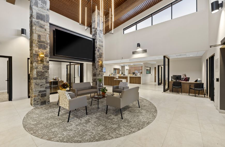 Lobby with fireplace