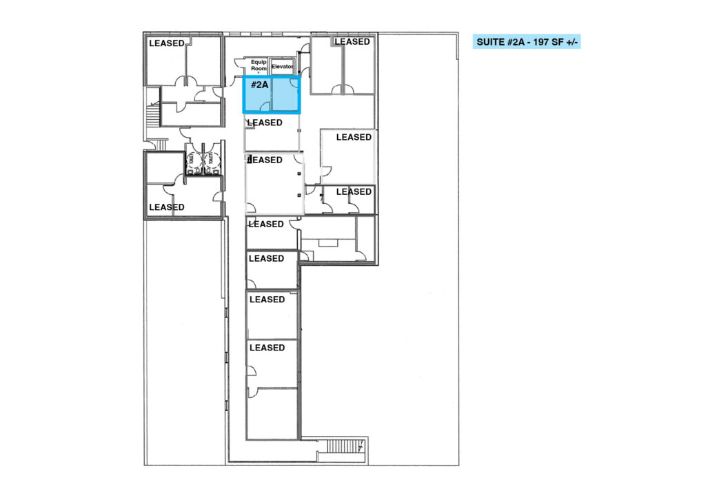 Second-floor floor plan with Suite 2A highlighted beside the elevator in the downtown Rapid City office suite building