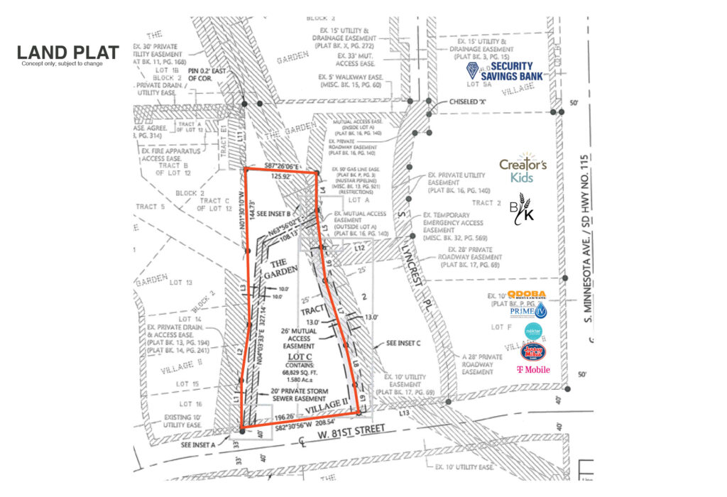 Land plat of the 1.58-acre 81 Gardens commercial parcel showing access and easements