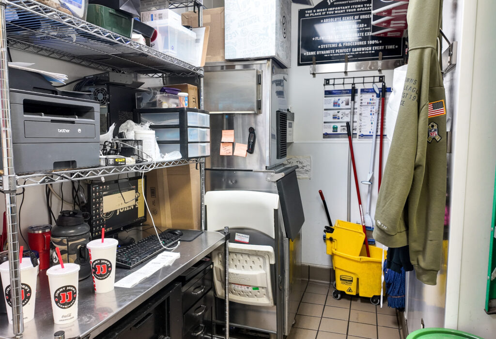Back-of-house dry storage area with commercial shelving