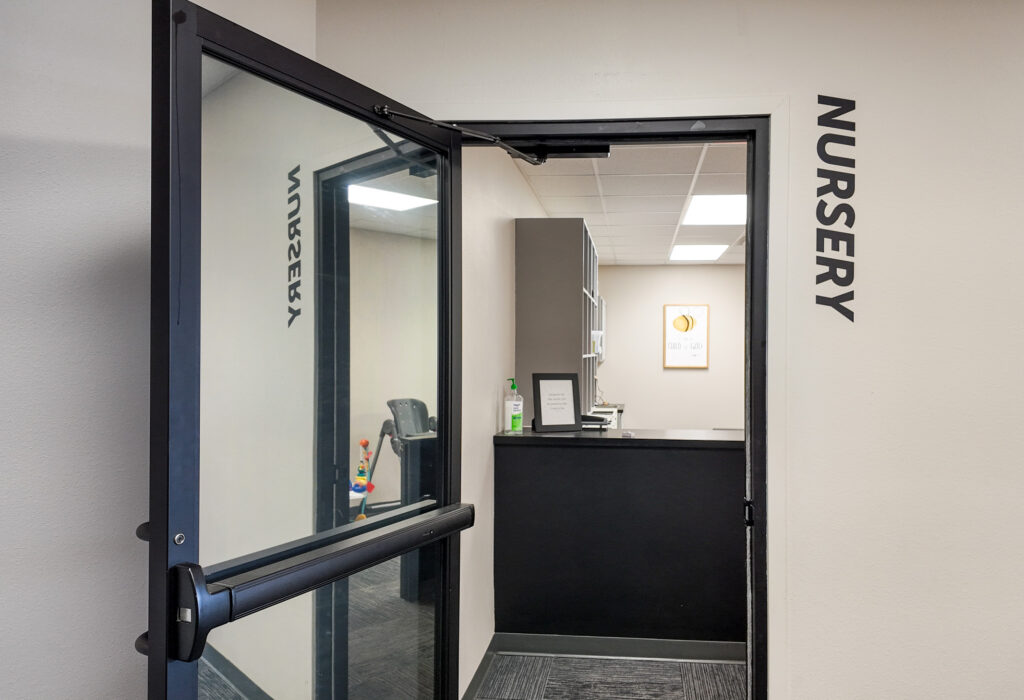 Entrance to flexible-use room with built-in reception counter