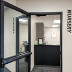 Entrance to flexible-use room with built-in reception counter