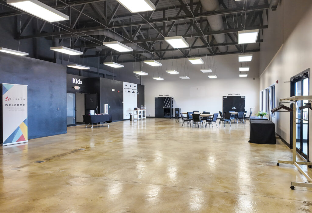 Interior of 41st and Shirley retail space with open gathering area