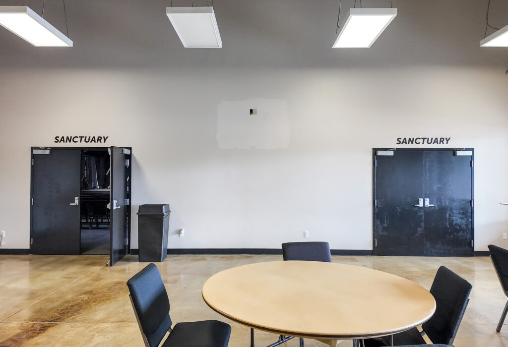 Lobby with double-door access to large multipurpose room