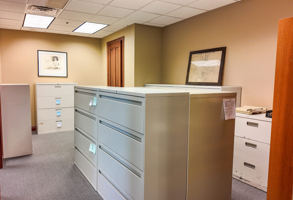 Open work area with filing storage
