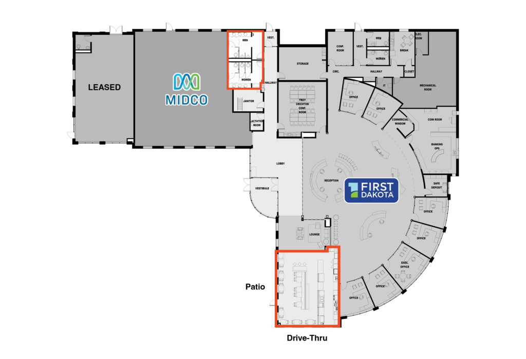 Site plan showing QSR suite, patio and drive-thru