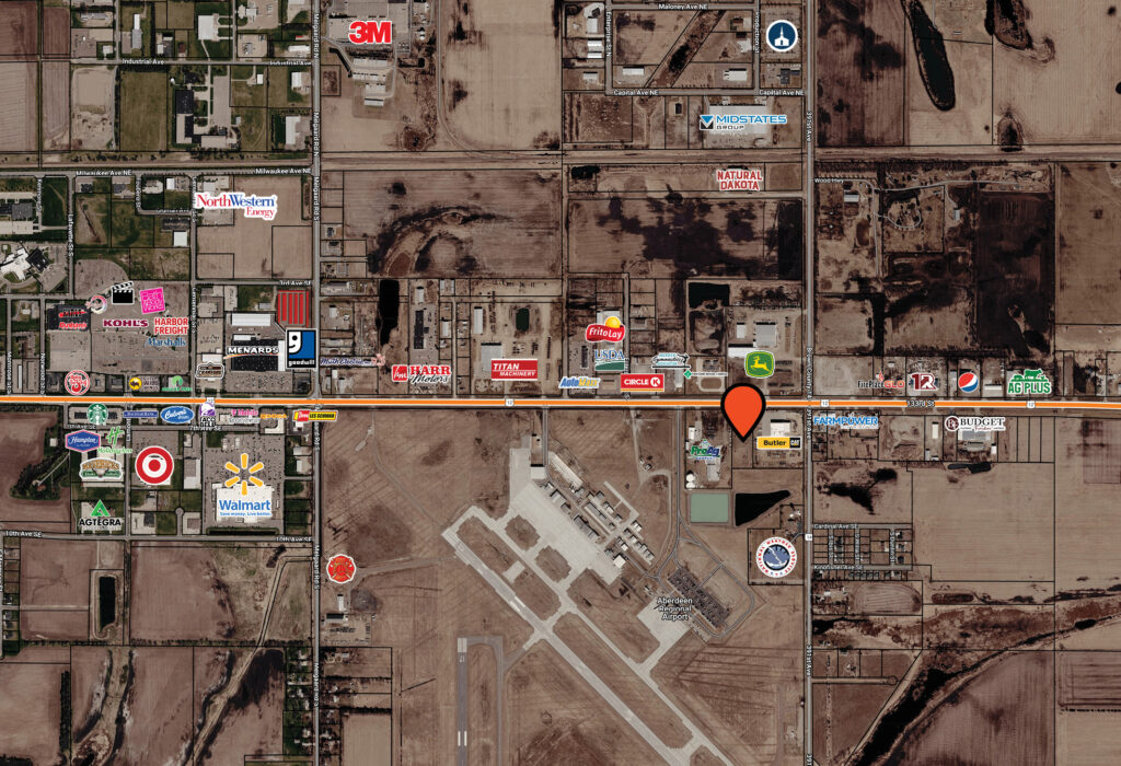 Area map showing the Aberdeen industrial land site near Aberdeen Regional Airport and surrounding businesses.