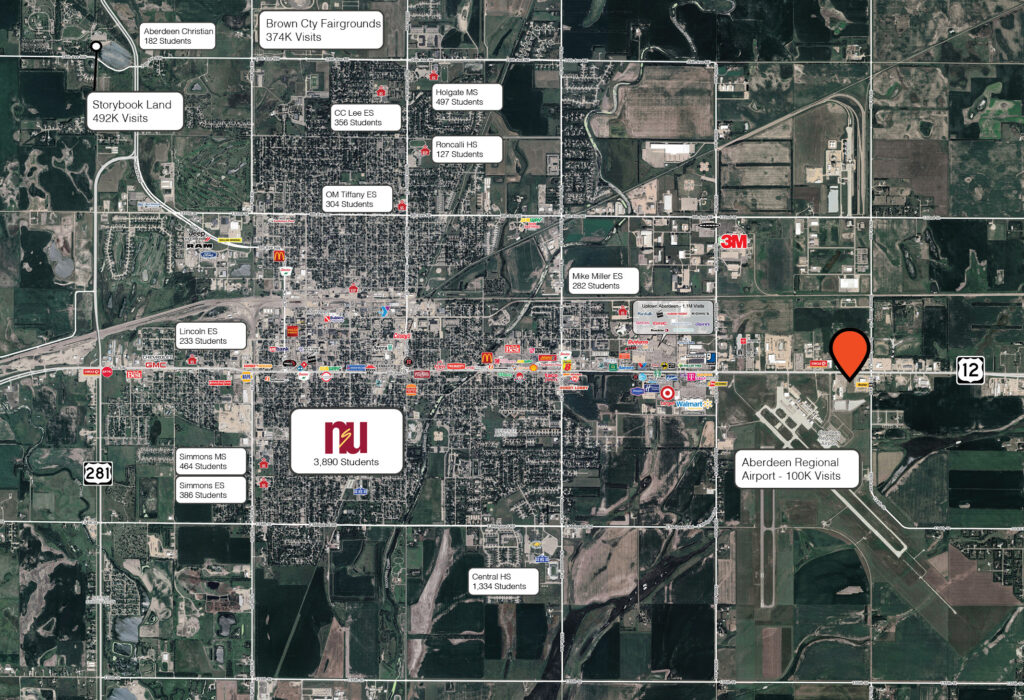 City map showing the property location in relation to Aberdeen Regional Airport, Northern State University and surrounding Aberdeen destinations.